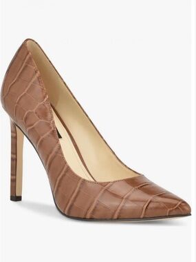 #582 Tatiana Nine West Brown Croc-Embossed Pointed Toe High Heel Pump